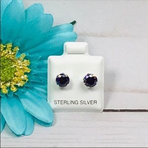 Sterling Silver Stud Earrings Purple CubicZirconia